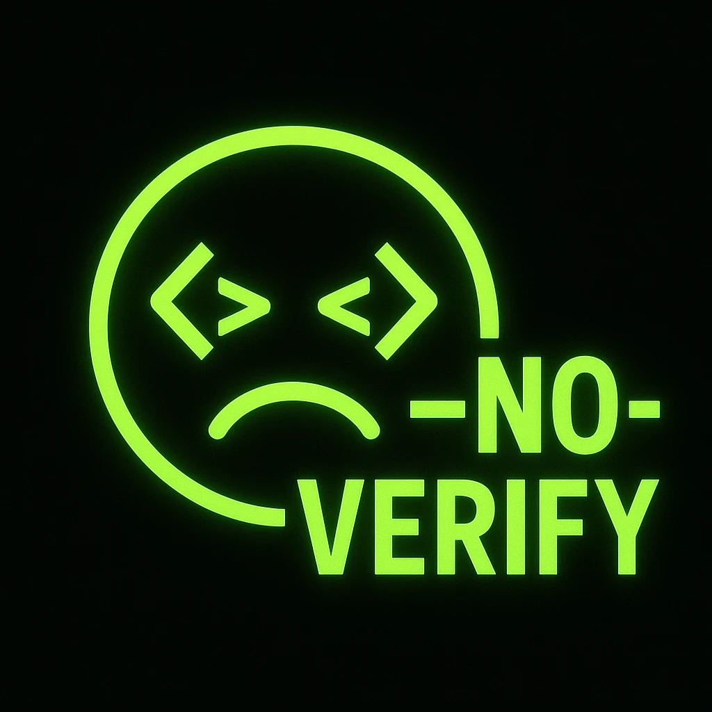 emoji style icon with '--no-verify' text, black background, neon green code, hacker theme emoji