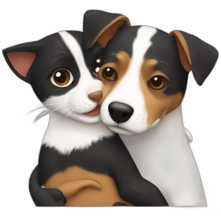 Black tabby cat hugging brown Jack Russell dog hugging emoji