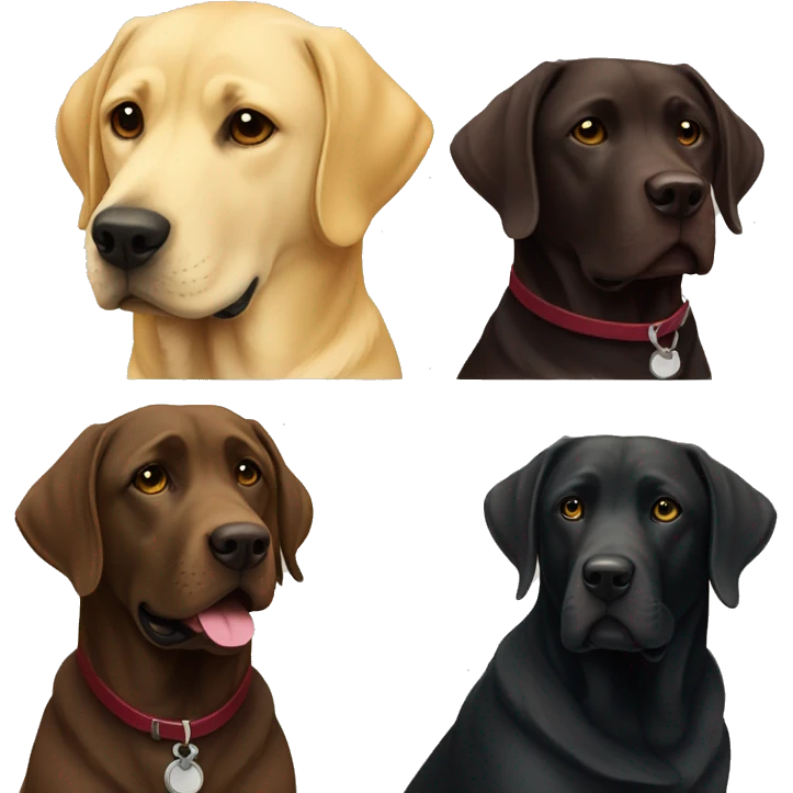Two Labradors together, the black Labradors has a burgundy collar and the yellow Labrador has a beige collar  emoji