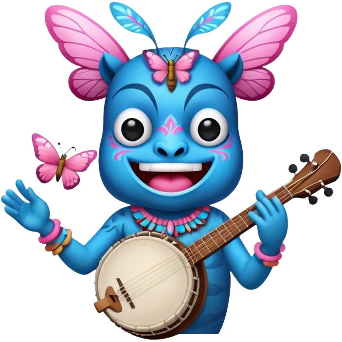 Pixar style little Blue and pink tiki singing with a butterfly and playing a banjo, ultra detailed and lifelike imagery, realistic emoji