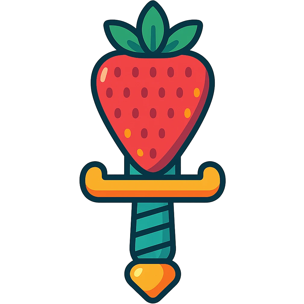 a strawberry shaped like a sword, fun and creative style, playful, colorful, vibrant toon style emoji