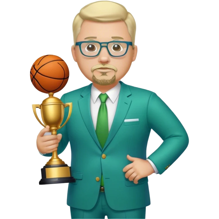 Full Body white fat male  wearing glasses with a goatee with light blonde gray very short hair basketball head Coach in blue and green suit holding trophy emoji
