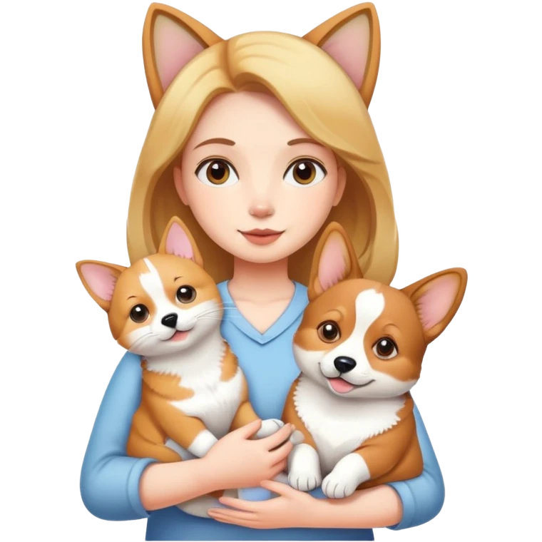 Girl holding a cat and a corgi emoji