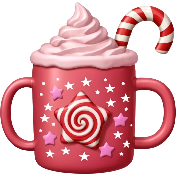 hot chocolate in red and pink pastel christmas mug with stars and candy cane, trendy aesthetic emoji