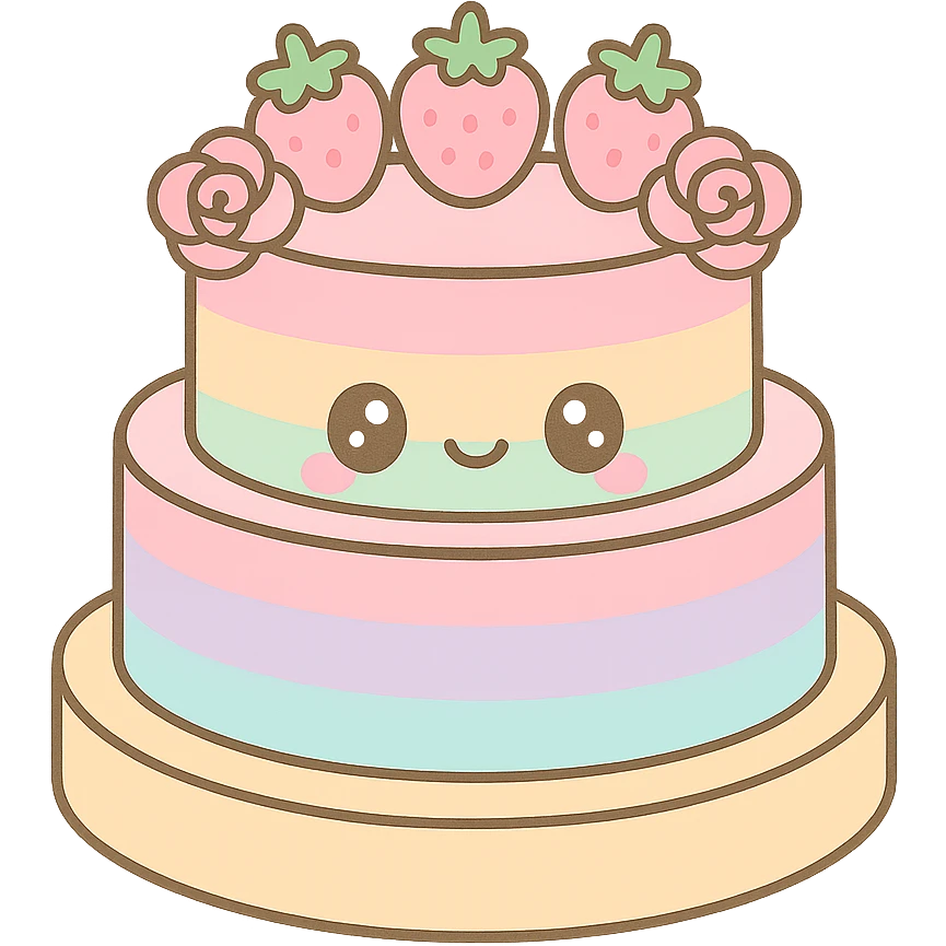 pastel rainbow wedding cake with strawberries, pink roses, no topper, kawaii style emoji