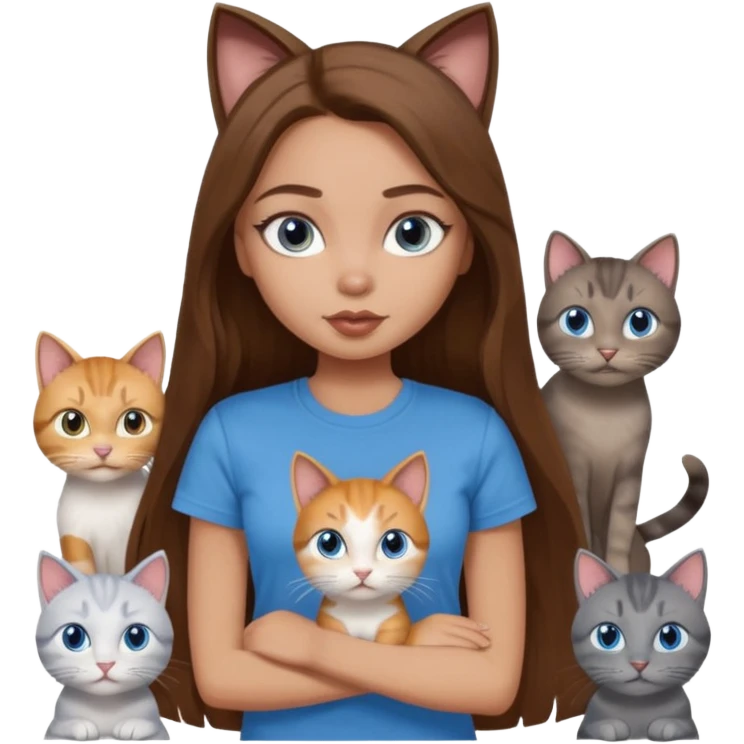 a pretty bratz dusky light skin girl with long brown hair, blue eyes with six cats nd wearing a grey tshirt emoji