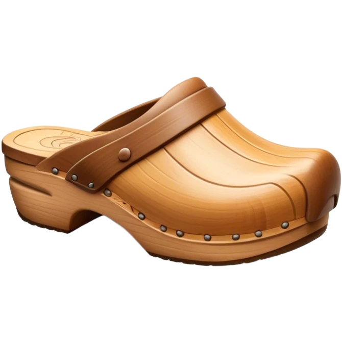 Cinematic Realistic Wooden Clogs Emoji, depicting the classic handcrafted footwear with a smooth, curved design and sturdy wooden soles, rendered with rich textures and warm, natural lighting. emoji
