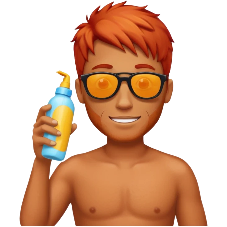 male red haired with suncream bottle and sunglasses, with sun burned emoji