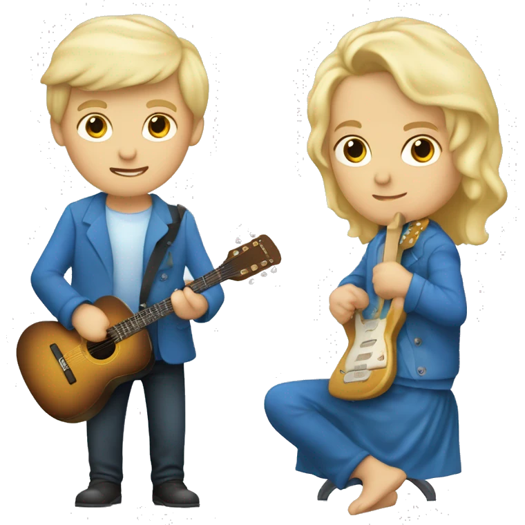 een blonde jongen met een blauwe badjas en een blauwe gitaar die op een stoel zit emoji