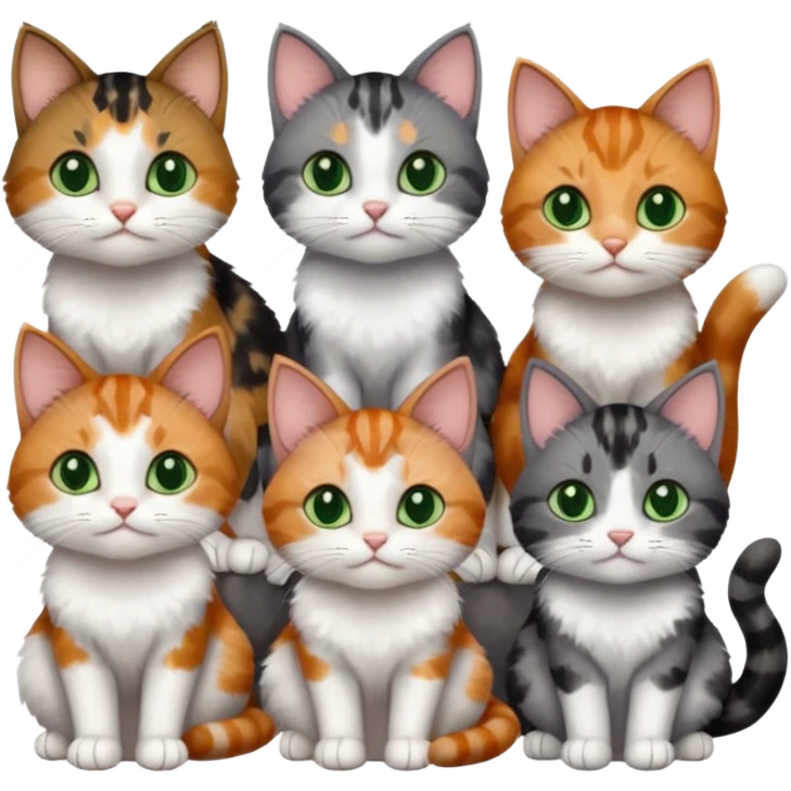 6 different coloured small cats including a dark grey and white, and a patchy calico, and a brown tabby and white,  and a completely solid dark grey with green eyes and only white paws emoji