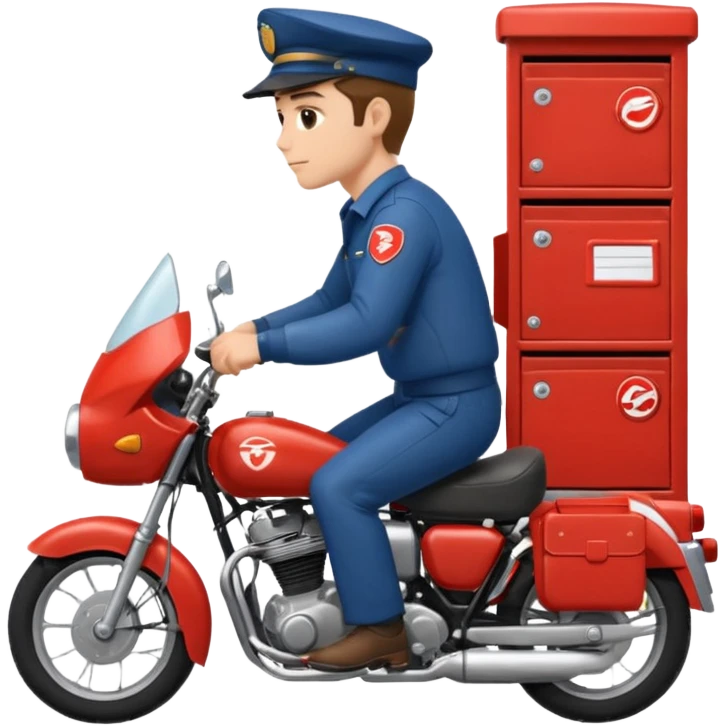 پستچی سوار بر موتور که نیم رخ چهره اش معلوم باشه و پشت موتور چندتا جعبه پست باشه رنگ پوست پستچی سفید باشه emoji