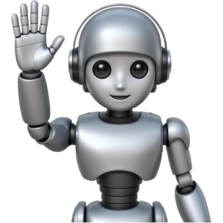 small AI robot, waving hand, friendly expression emoji