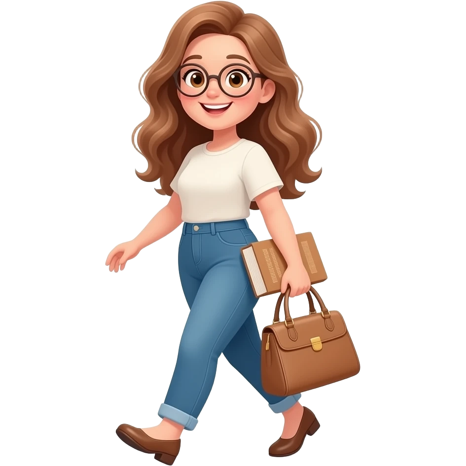 detailed emoji illustration of a curvy woman with long light brown wavy hair, light brown eyes and round glasses walking out of a bookstore with a handbag and books, happy book lover vibe, cute emoji style emoji