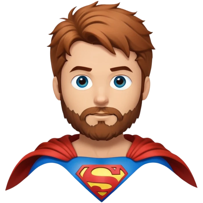 Flying superman costume with shaggy redish brownish hair, blue eyes no capacity full scruffy beard emoji