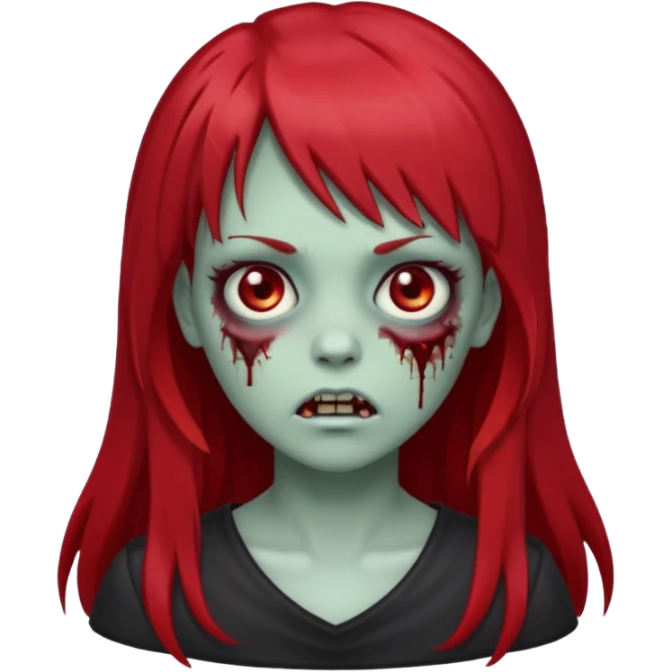 zombie girl, with dark, long red hair and bangs on forehead. Emoji in iOs style. emoji