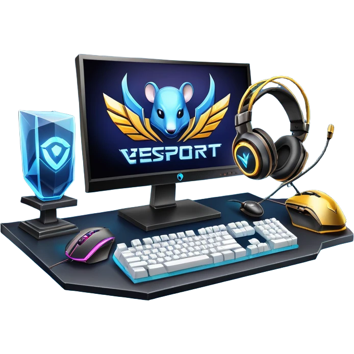 An icon featuring a gaming setup with a high-tech monitor displaying a competitive game, a keyboard, and a gaming mouse. The design includes a headset and a trophy, symbolizing victory and skill in esports. Transparent background highlights the energy and precision of professional gaming. emoji
