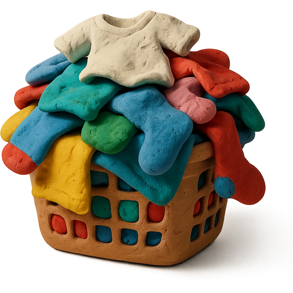 overflowing laundry basket, mix of socks and t-shirts, playful look, claymation style emoji
