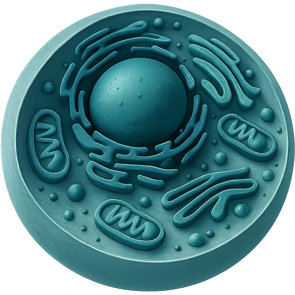 3D biological cell with visible organelles, cool blue and green tones, no background, in GPT Image style emoji