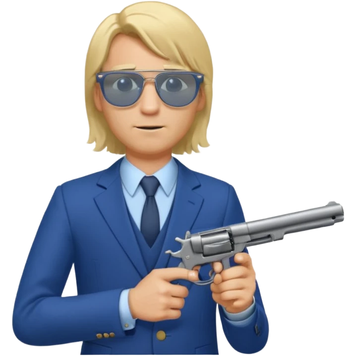 A blond man in a blue suit with a Colt pointing forward. The audience , and long hair and Rayban glasses emoji