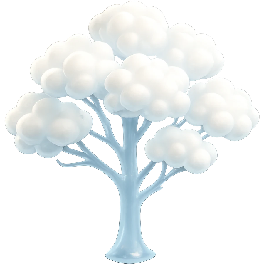 one tree with many branches and a white trunk, crown made of small very bright white fluffy convex clouds, matte glass style emoji