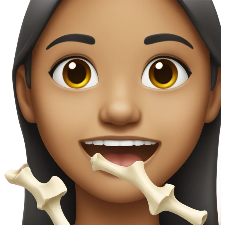 Girl smiling with a bone shape on mouth emoji