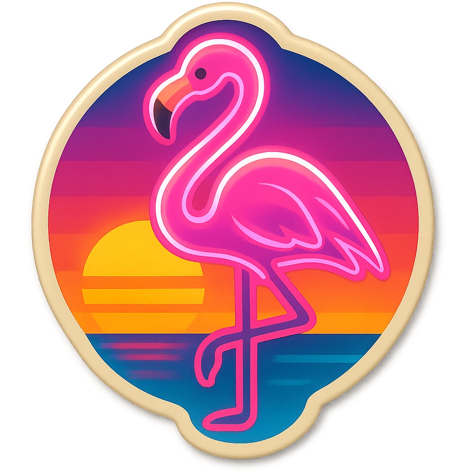 emoji inspired by Miami Vice, pink flamingo, neon lights, sunset background emoji