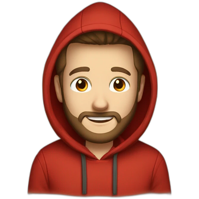 white dude smiling with a brown beard and short brown hair with a red hooded hoodie with Posh embroidered on the hoodie emoji