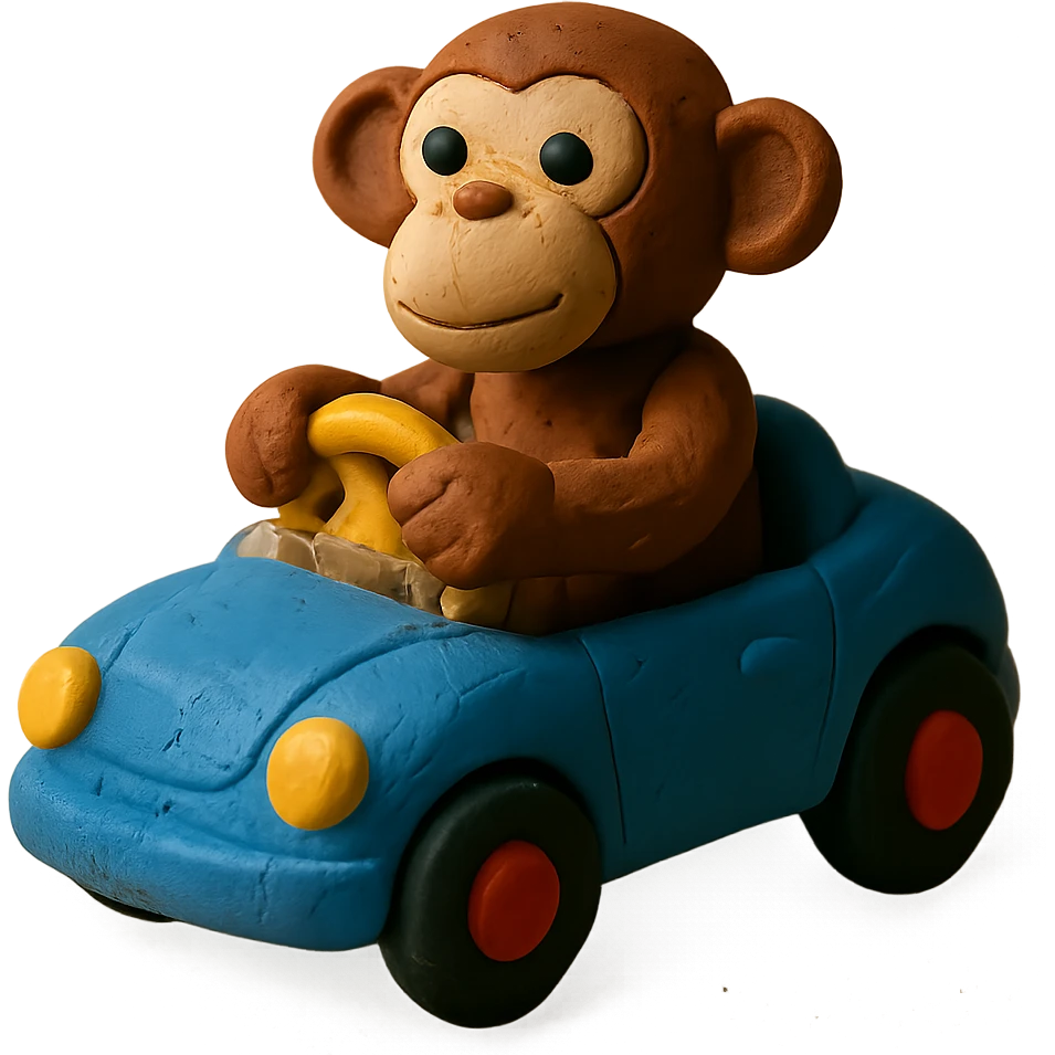 claymation style monkey driving a toy car emoji