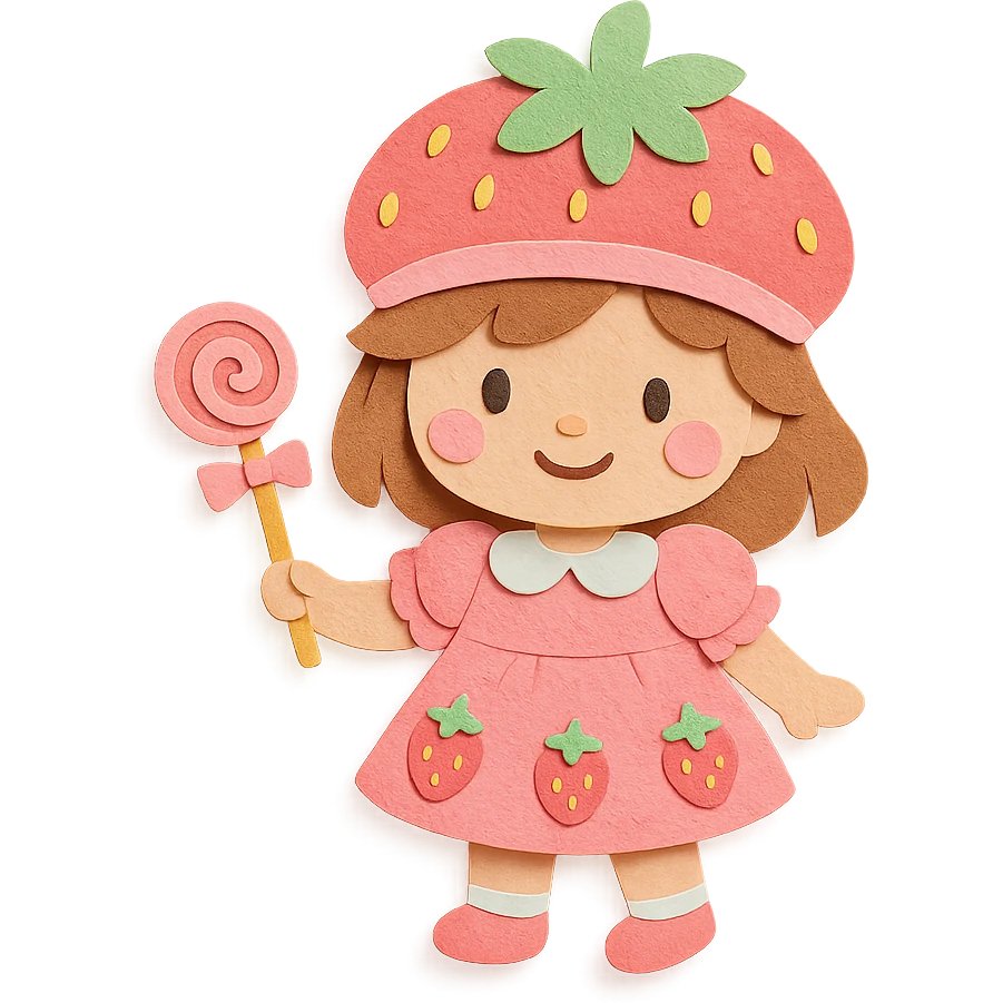 little girl in a strawberry shortcake dress, holding a candy wand, pastel background, paper craft style emoji