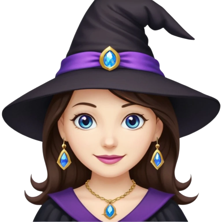Witchy brunette haired blue eyed white girl with a witty smile a gold necklace and a black witch hat with a purple bow emoji