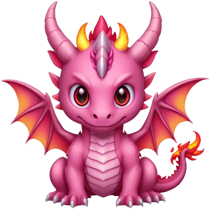 cute pink baby dragon, small flames, glowing eyes, horns and wings, epic fantasy kawaii style, strong aura, bold outline, transparent background, twitch emote emoji