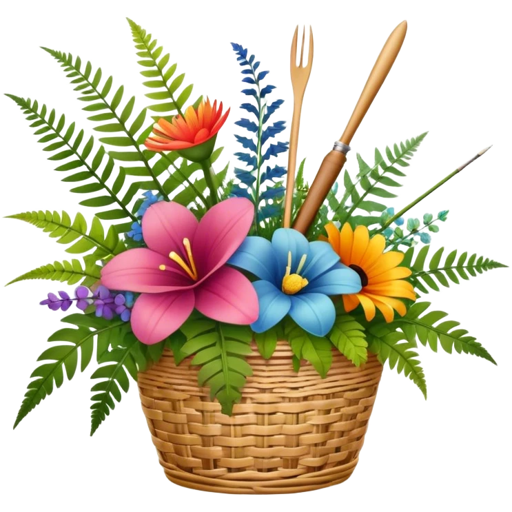 Icon for Floristry: a bouquet of flowers in a woven basket, with reeds, ferns and floral arranging tools nearby, like scissors and a flower stem. The icon should represent creativity in flower design and arranging. Transparent background. emoji