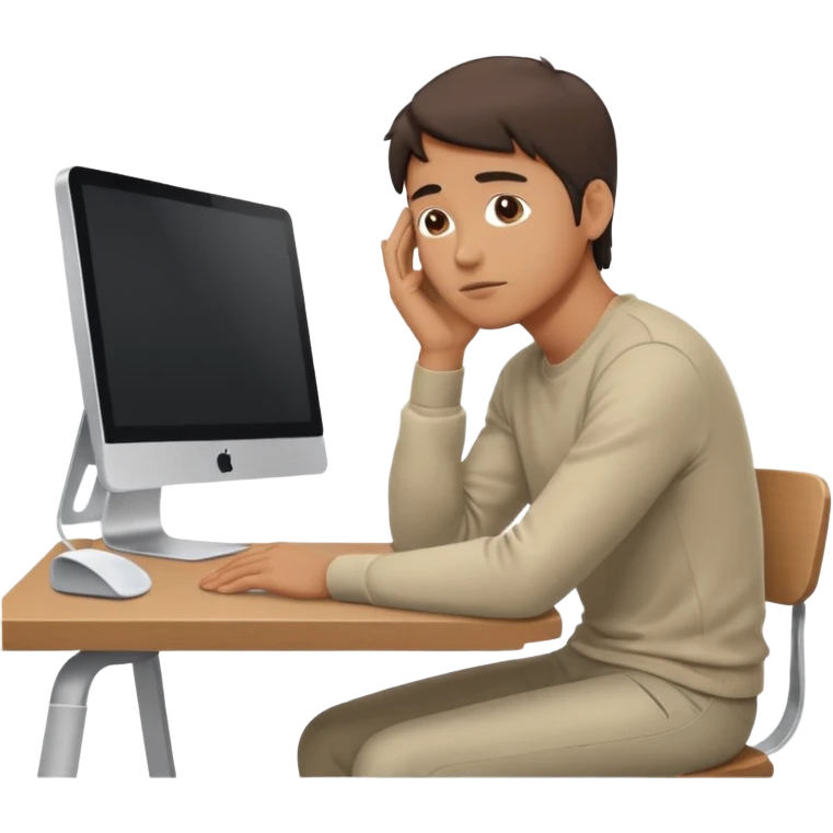 emoji of a man sitting at the table with an imac on it, a man is sitting in a very thoughtful pose, he has his hands on the table and his head resting on them emoji