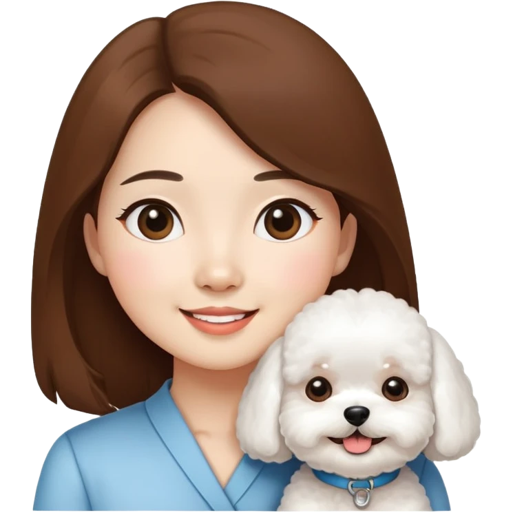 A cute and happy bichon frise with an Asian long brown hair woman  emoji