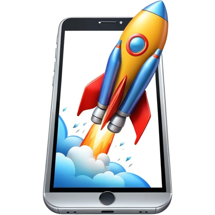 Smartphone with rocket boosters launching upward emoji
