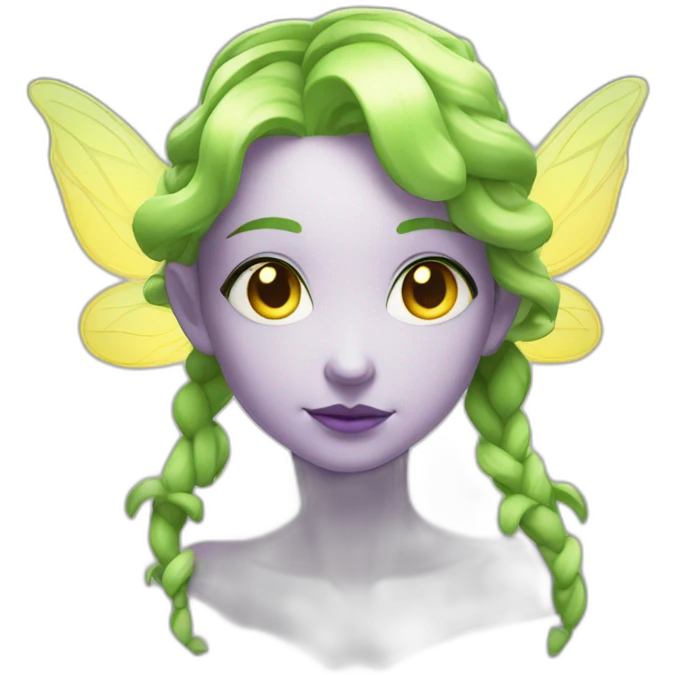 bust of a pale fairy with purple hair in a cascading braid and translucent yellow wings and green eyes emoji