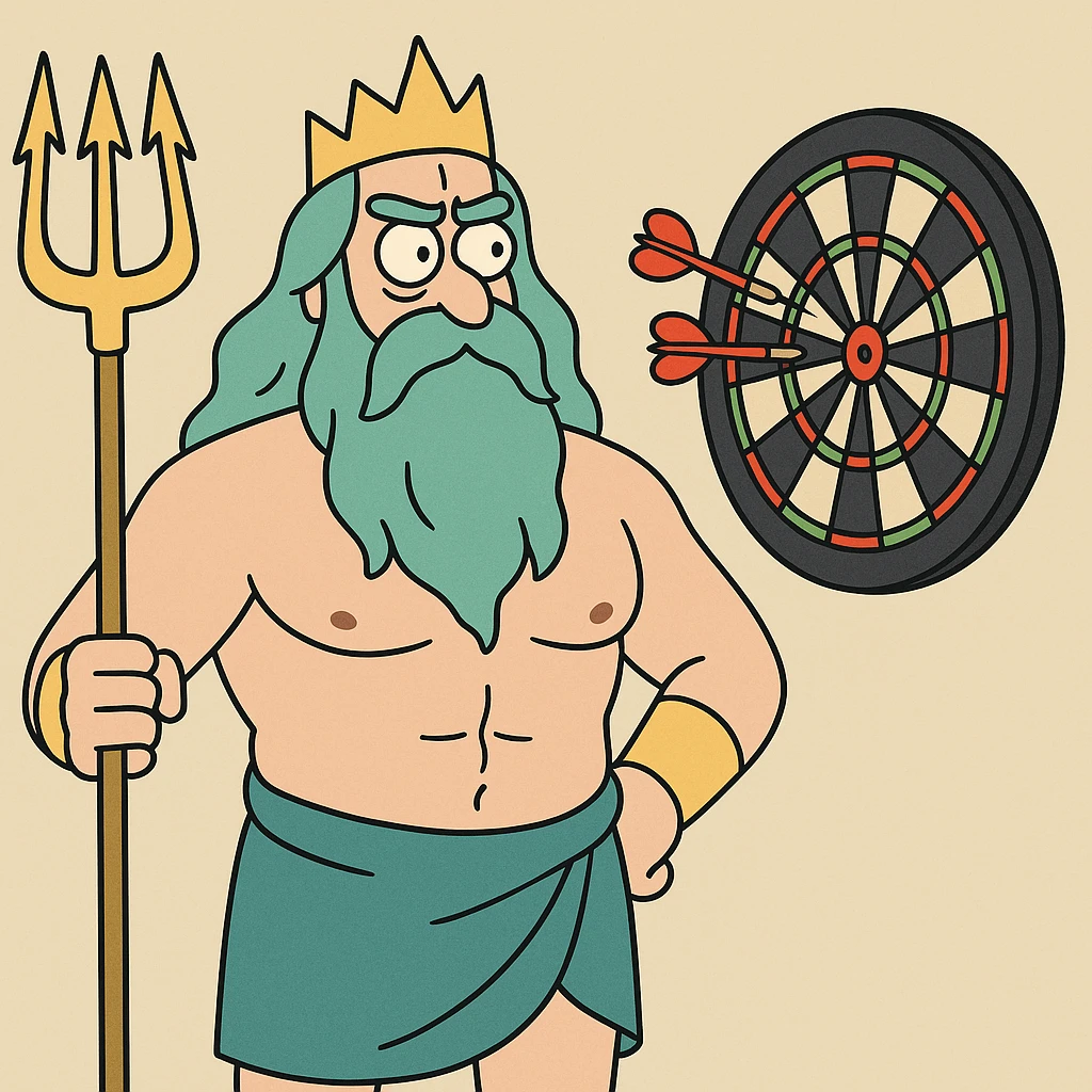 Neptune with a dartboard, cartoon style emoji