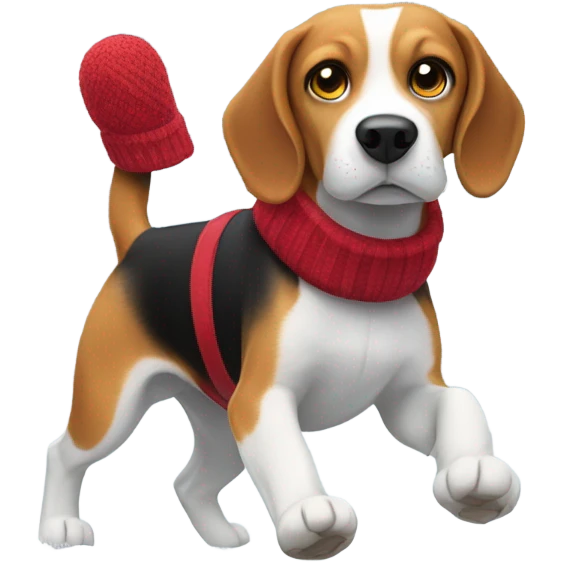 Beagle with red winter clothes and snowball fight emoji