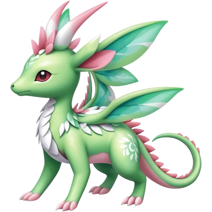 Shiny Exotic Cute Majestic Ethereal Sparkly Flygon-Sylveon-Shaymin-Meganium-Hybrid-Creature with white pattern-markings emoji