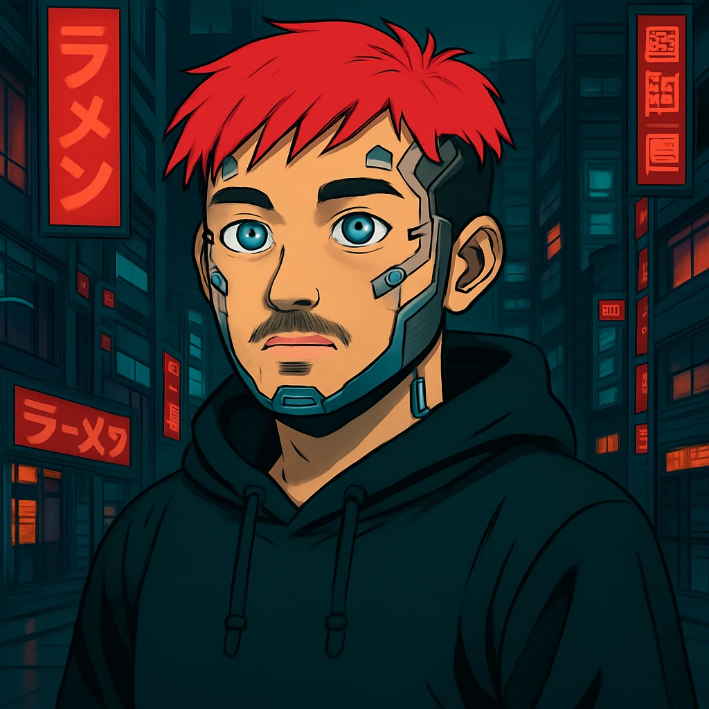 Add cybernetic implants to the Asian man, make the eyes a bit bigger, keep round face, less mustache, a bit of beard, red hair, black hoodie, Japanese cyberpunk anime style, futuristic city background emoji
