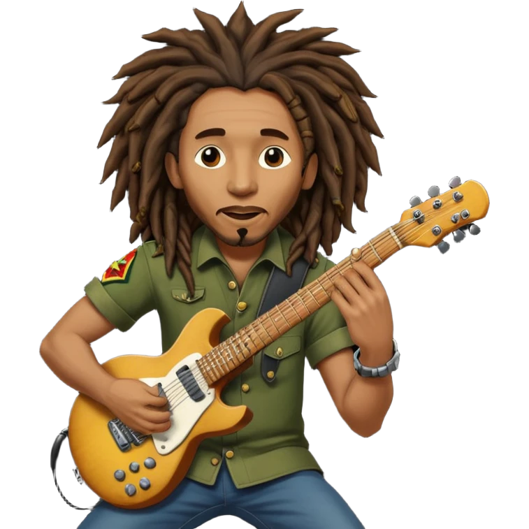 Bob Marley with dread locks play electric guitar in form heraldic crest emoji