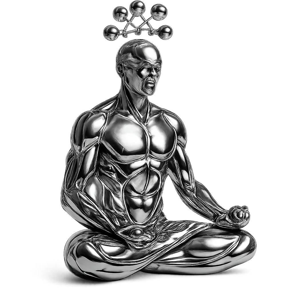chrome style figure of a man meditating in the lotus position, with several reflective chrome spheres floating above his head in a net-like arrangement, highly metallic emoji
