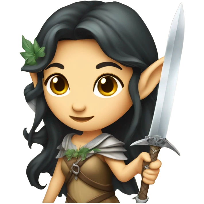 Female middle eastern, forest fairy, wings, pointed elf ears, dark hair, vines, holding medieval sword emoji