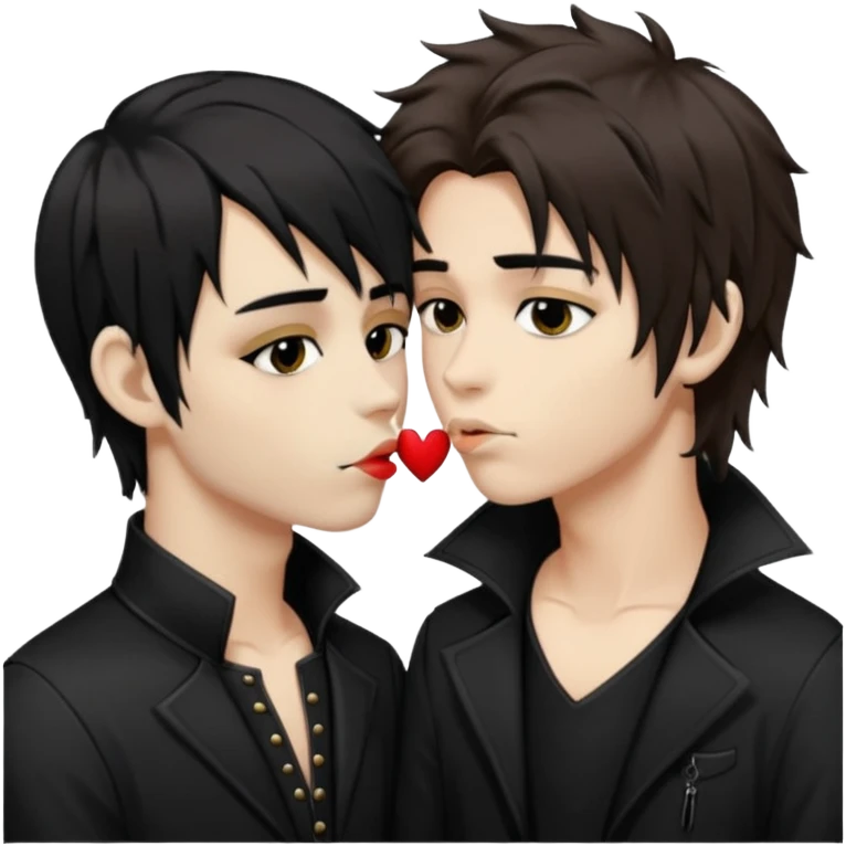 Goth Boys, one goth boy pale with shaggy brown hair and makeup, the other a goth boy tan with long black hair, kissing emoji
