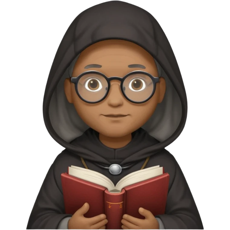 Monk priest prayer black habit with hood round black glasses done light brown wavy hair under hood remove the medallion smaller more round glassed age 46 no necklace more oval face hand holding book that says RB 480 top left is great add a little hair brown gray under hood  emoji