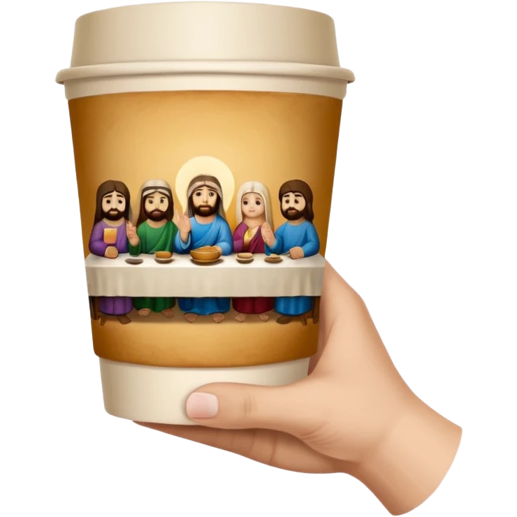 una mano con un bicchiere di carta con dipinto sopra l'ultima cena emoji