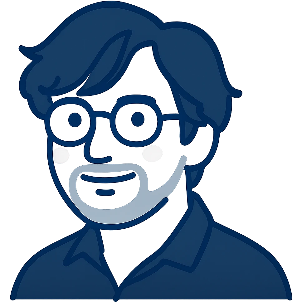 A man with round glasses, artfully messy longer hair with stylish sweeping bangs, a round but defined face shape, and a broader nose. Use deep navy blue for all the outlines and features, a touch of pink highlights only on the cheeks, and gray exclusively for the short beard and necessary shadows. emoji