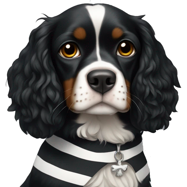 Small completely black king spaniel with black fur on his whole face and white stripe on chest emoji