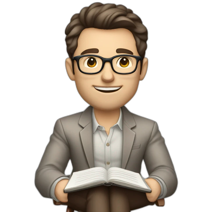 😝 Pale skinned Fit Man With dark brown hair in gray jacket, beige office shirt, Brown pants and vintage glasses sitting In a soft chair with a notebook and a pen emoji