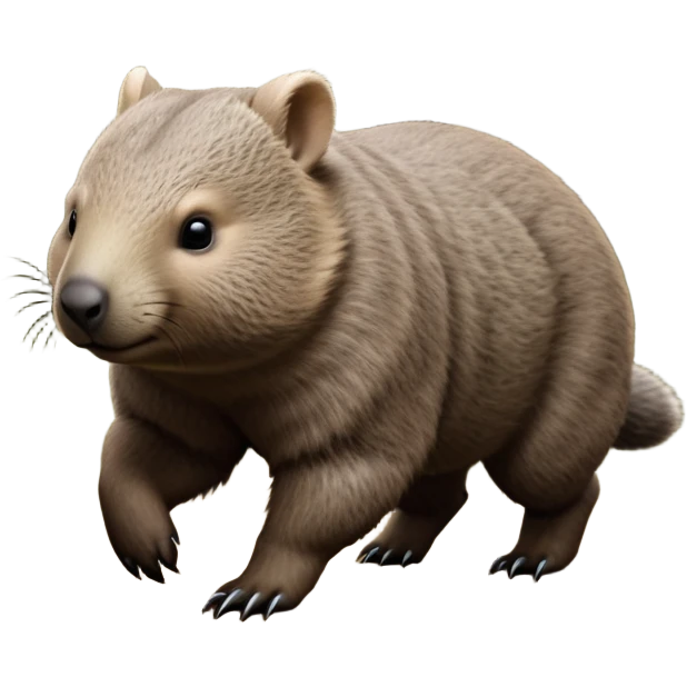 cinematic-stout wombat-realistic-full-body-waddling-emoji,-stout-muscular-frame-covered-in-coarse-brown-fur,-short-powerful-legs-trotting-determinedly-through-bushland,-round-dark-eyes-filled-with-calm-confidence,-tiny-rounded-ears-twitching-slightly,-strong-digging-claws-visible-on-sturdy-paws,-simplified-yet-realistic-focused-features,-highly-detailed,-glowing-with-a-subtle-earthy-glow emoji